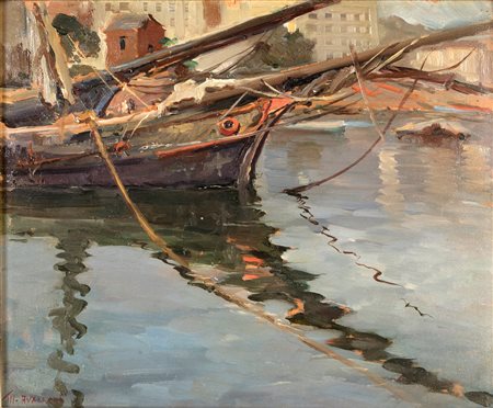 Avallone, Mario (Salerno, 1899 - Salerno, 1953) 
Barche in porto 
olio su cartone cm 32x41 - con la cornice: cm 53x60