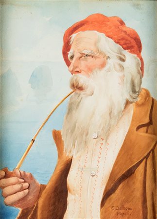 Dalbono, Eduardo (Napoli, 1841 - Napoli, 1915) 
Vecchio pescatore con faraglioni in lontananza 
acquerelli su carta cm 33x24 - con la cornice: cm 52x43