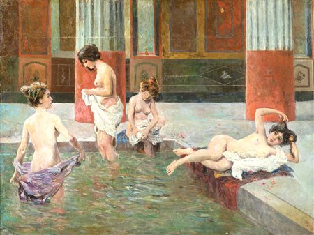 Mola, Filippo (Civitavecchia , 1849 - Roma, 1918) 
Bagno turco 
olio su tela 75x100,5 - con la cornice: cm 84x109