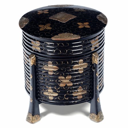 Contenitore circolare in lacca nera e oro, XX secolo