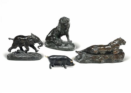 Quattro animali in bronzo firmati C. Masson e Barye, XIX-XX secolo
