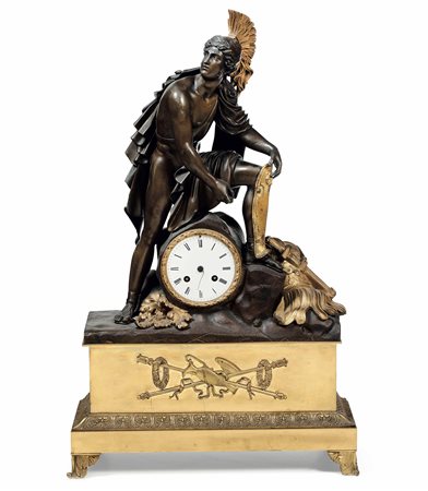 Pendola da tavolo in bronzo dorato e patinato, XIX secolo