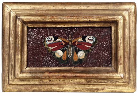 Micromosaico raffigurante farfalla, su fondo in porfido. XX secolo