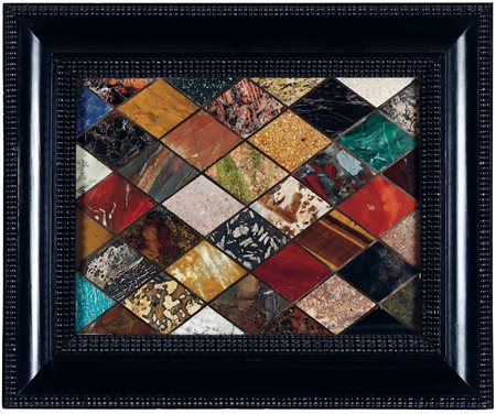 Coppia di commessi di marmi e pietre dure a foggia romboidale. XX secolo