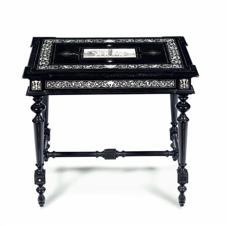 Scrivania in legno ebanizzato intarsiato in osso e avorio. Ferdinando Pogliani (Milano 1832 – 1899), Lombardia 1870