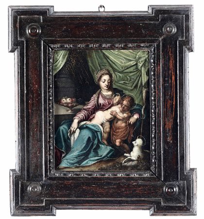 Hans Rottenhammer (1564 Monaco-1625 Augusta) attribuito a, Madonna con Bambino e San Giovannino