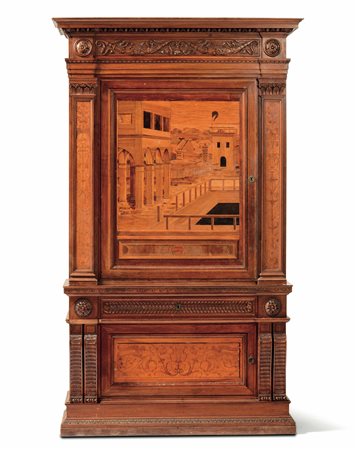 Stipo in legno intagliato ed intarsiato. Lombardia XX secolo, tarsie firmate Francesco Ferrario (Caravaggio 1875 - Milano 194),