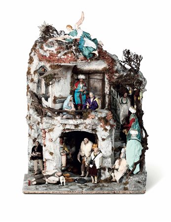 Arte napoletana, XX secolo. Gruppo presepiale con Sacra Famiglia, figure e pastori.