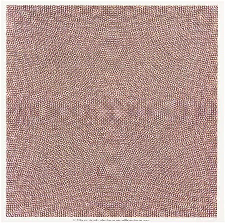 SOL LEWITT    
Yellow grid, blue circles, red arcs from four sides, and black arcs from four corners, 1972