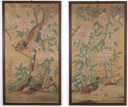Pair of oil paintings on cardboard. China. 19th c