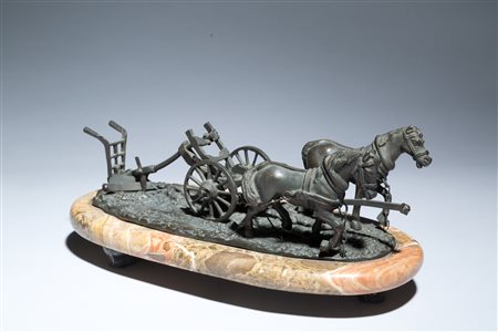 Bronze sculpture 'TWO HORSES WITH A PLOW'. 20th c