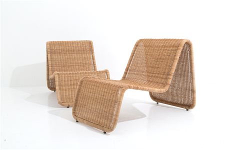 TITO AGNOLI. Two rattan armchairs. '50s 
