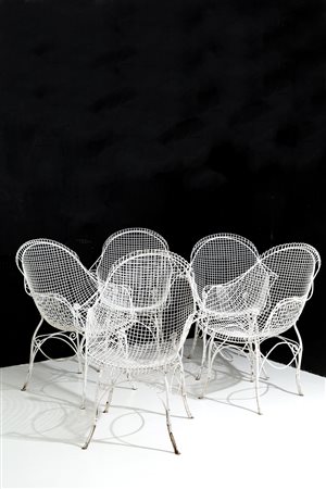 Five garden armchairs in white painted steel 