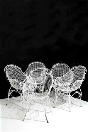Five garden armchairs in white painted steel 