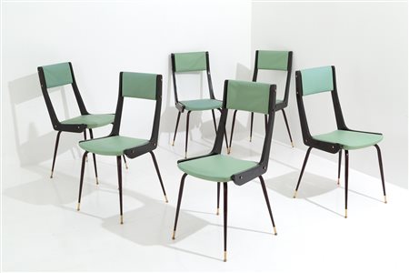 Six chairs in metal, wood, green sky and brass