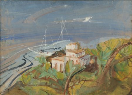 LUIGI SPAZZAPAN Paesaggio marino, 1937-40 tempera su carta incollata su...