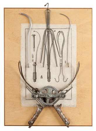 DANIEL SPOERRI Chapitre chirurgie, 1995 pagina di libro e utensili su tavola...