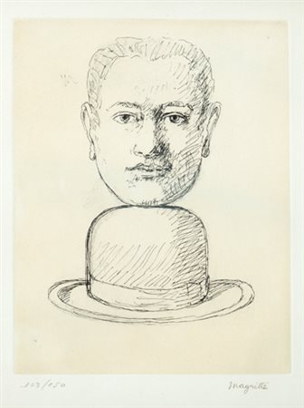 RENE MAGRITTE Uomo con cappello litografia 103/150, cm. 23x28,5 fimato in...