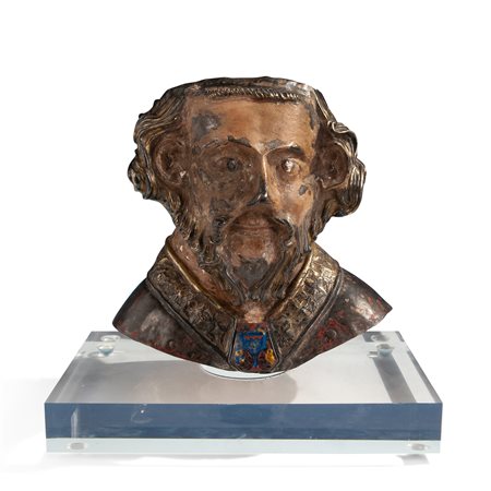 Busto reliquiario raffigurante la testa di San Policarpo in argento sbalzato, parzialmente dorato, con parti smaltate e dipinte