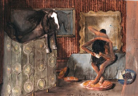 Sergio Vacchi Donna e cavallo allo specchio 1984