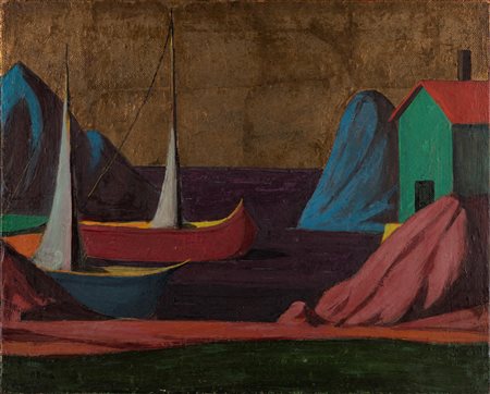 Pompeo Borra (Milano, 1898-1973)  - Paesaggio fondo oro, 1942
