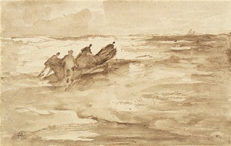 Pompeo Mariani "Pescatori a Bordighera" 
acquerello su carta (cm 9x14)
Siglato i
