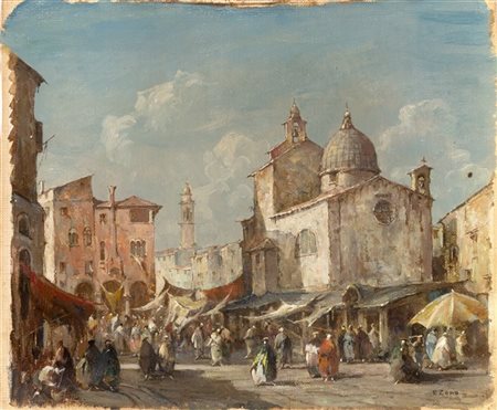 Eugenio Bonivento "Mercato a San Giacomo di Rialto" 
olio su tela applicata a co