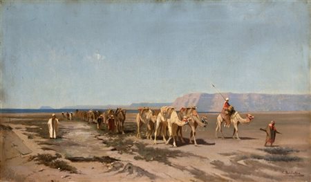 Cesare Bertolla "La carovana" 
olio su tela (cm 39x67)
Firmato in basso a destra