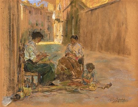 Silvio Bicchi "Le cucitrici" 
pastelli colorati su carta (cm 30x37)
Firmato in b