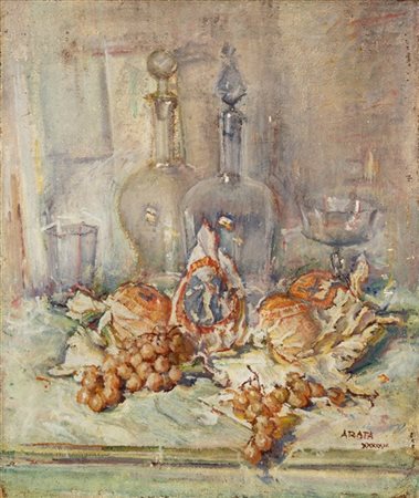 Francesco Arata "Composizione con frutta e bottiglie" '53
olio su tela (cm 78x65