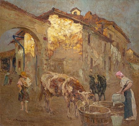 Attilio Achille Bozzato "Scena di paese" 
olio su tela (cm 59x64)
Firmato in bas