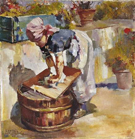 Eduardo Monteforte "La lavandaia" 
olio su tela applicata a compensato (cm 37x36