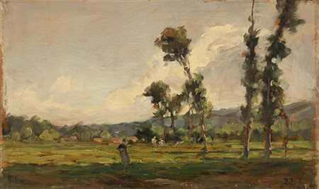 Carlo Follini "Paesaggio con figure" 
olio su tavola (cm 26,5x44)
Firmato in bas