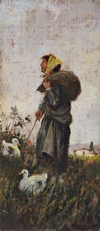 Giuseppe Palizzi "La guardiana delle oche" 
olio su tavola (cm 17x7,5)
Firmato i