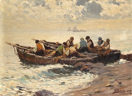 Luca Albino "Pescatori" '29
olio su tela applicata a compensato (cm 36x50)
Firma