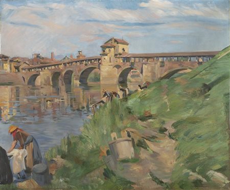 Mario Acerbi "Lavandaie sul Ticino a Pavia" 
olio su tela (cm 75x90)
Firmato in