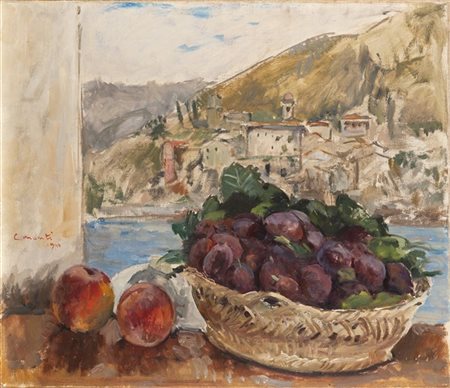 Cesare Monti "Composizione con cesta di prugne" 1940
olio su tela (cm 50x60)
Fir