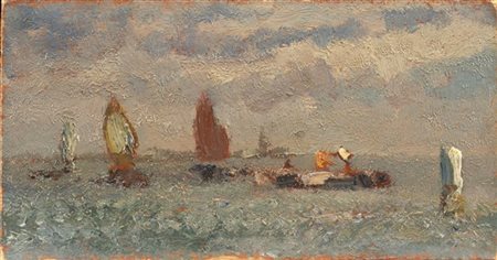 Beppe Ciardi "Barche in laguna" 
olio su cartone (cm 8,5x16)
Al retro: firmato
I
