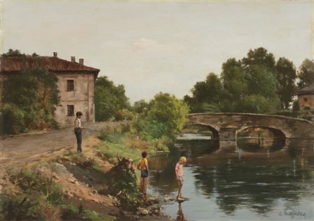 Carlo Mezzadra "Ponte sul Naviglio Grande a Castelletto" olio su tela Firmato
