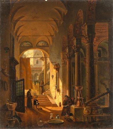 Giovanni Migliara "La farmacia dei frati" 
olio su tavola (cm 15,5x14)
Al retro: