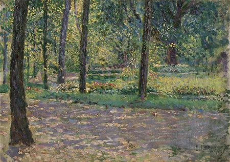 Enrico Lionne "Il parco" 
olio su tela applicata a cartone (cm 23,5x34)
Firmato