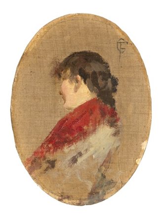 Giacomo Favretto "Studio di testa femminile" 
olio su tela applicata a cartone (