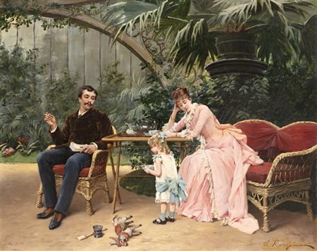 Jeanne Rongier "En famille" 
olio su tela (cm 50,5x64,5)
Firmato in basso a dest