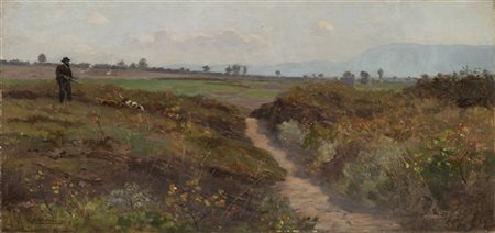 Eugenio Cecconi "Il cacciatore" 
olio su tela (cm 27x57)
Firmato in basso a sini