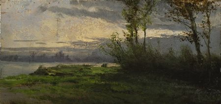 Achille Tominetti "Paesaggio lacustre" 
olio su tavola (cm 20x40)
Firmato in bas