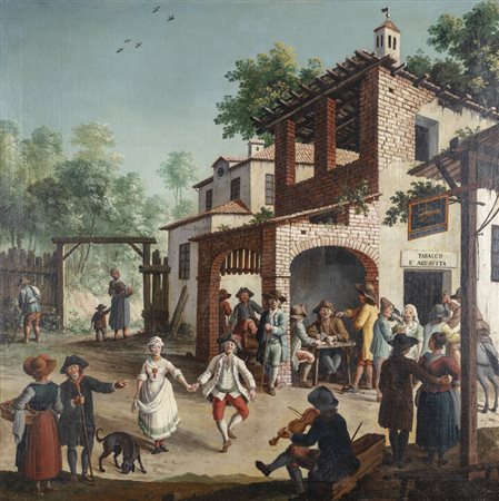 GIOVANNI MARIA GENTA<BR>Attivo a Torino tra il 1774-1775<BR>"Al Gambero Bon. Vin - scena di vita davanti all'osteria" 1782