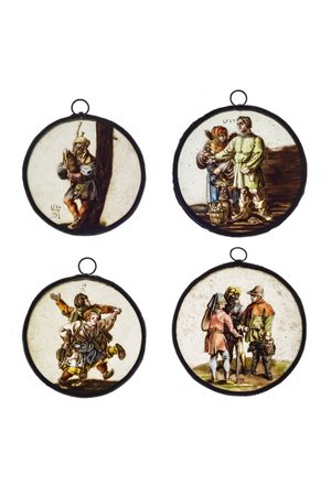 PITTORE ANONIMO DEL XIX SECOLO<BR>"Suonatore di zampogna" <BR>"La danza" <BR>"Dialogo tra tre figure"<BR>"Al mercato"