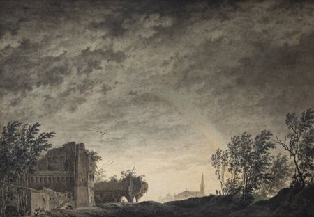 GIUSEPPE PIETRO BAGETTI<BR>Torino 1764 - 1831<BR>"Paesaggio con nubi, rovine ed arcobaleno"