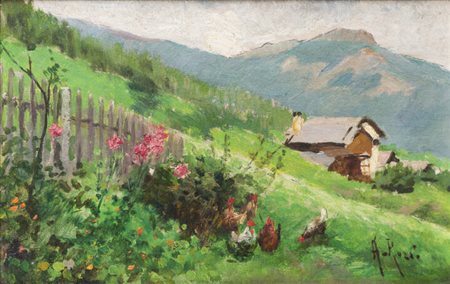 ALBERTO ROSSI<BR>Torino 1858 - 1936<BR>"Paesaggio con baita e galline"