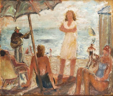 CESARE MAGGI<BR>Roma 1881 - 1961 Torino<BR>"Scena di suonatore e bagnanti sulla spiaggia"